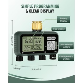 WILAWELS 4 Zone Brass Sprinkler Timer, Garden Hose Timer, Automatic Irrigation System, Programmable Faucet, 4 Outlets, with Rain Delay, Manual Mode,Child Lock, for Yard, Garden, Lawn, Green E14WT06