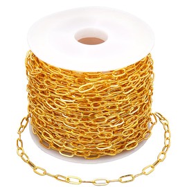 SOFPLATE 10M/32.8 Feet Gold Paperclip Chain Bulk Brass Oval Chain with Spool 6mm Soldered Drawn Elongated Cable Paper Clip Roll Chains Links Connectors for Jewelry Making Necklaces Bracelets DIY Craft