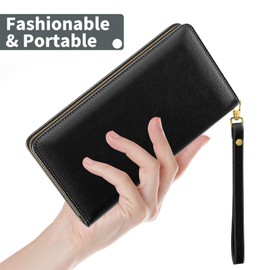 Nipichsha Womens Wallet, RFID Wristlet Wallet for Women, Cute Ladies Purse, Large Credit Card Clutch Purse, Leather Card Holder Wallets with Zipper & Phone Holder, Black