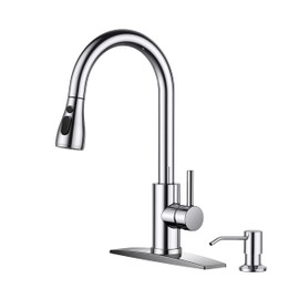 FORIOUS Kitchen Faucet with Soap Dispenser Chrome, Single Handle Stainless Steel Transitional Sink Faucet with Pull Down Sprayer 1 or 3 Hole, Suitable for Farmhouse Laundry Camper RV Bar