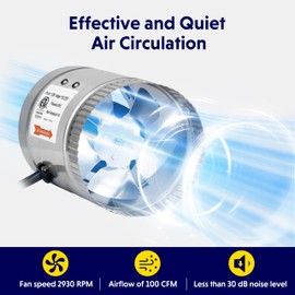 iPower 4 Inch 100 CFM Booster Fan Inline Duct Vent Blower with Variable Speed Controller Adjuster, Intake 5.5' Grounded Power Cord for HVAC Exhaust, Low Noise, Silver