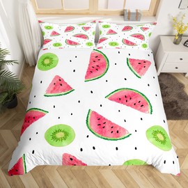 Manfei Cute Fruits Duvet Cover Set Single Size, Kiwi and Watermelon Comforter Cover with 1 Pillowcase, Summer Fruits Theme Bedding Set 2pcs for Kids Boys Girls Room Decor Lightweight Bedspread Cover