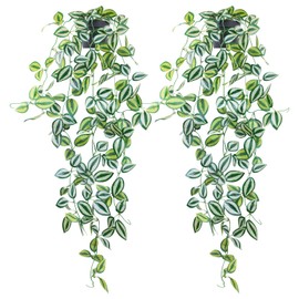 LOYWREE 2 Pack Artificial Plants Indoor Small Fake Hanging Plant with Pot 39-in Long Faux Potted Vine Green Eyebrow Leaf for Shelf Home Office and Outdoor Garden Decor(Black Pot)