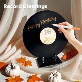 ReeGii Vinyl Record Guest Book for 16th Birthday Decorations - Large 11.6"x11.6" Birthday Party Sign Poster with 12 Pens,Unique Keepsake Gift for Friends and Family (16th, Golden, 11.6")