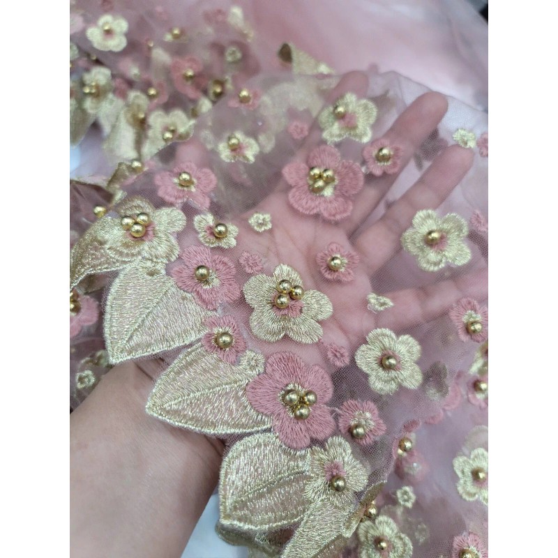 Divas Textiles Fabric By The Yard 3d Gold Floral Embroidery