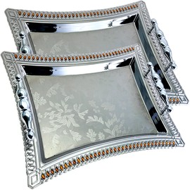 MARO MEGASTORE (Pack of 2 14.1 inch x 10.2 inch Star Shape Chrome Plated Serving Tray with Handles Floral Engraved Decorative Holiday Wedding Birthday Dessert Snack Wine Platter Plate Party NC-239