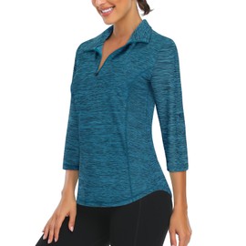 LURANEE 1/4 Zip Pullover Women,3/4 Roll Sleeve 1/4 Zip Pullover Golf Shirts Athletic Hiking Running Workout Tops UPF 50+ Blue L