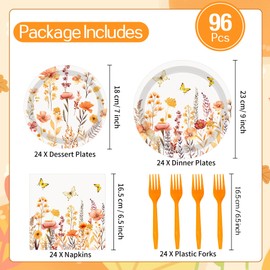Lianxuia 96 Pcs Wildflower Party Decorations, Fall Flower Cocktail Party Supplies Disposable, Boho Autumn Floral Paper Plates Napkins Forks Sets for Picnic Baby Shower Birthday Wedding Decor, Serve 24