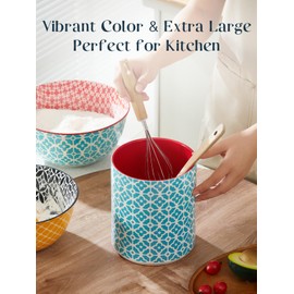 DOWAN Colorful Large Utensil Holder, 7.2" x 6.2" Ceramic Kitchen Utensil Holder for Countertop, Vibrant Patterned Utensil Crock with Protection Cork Mat, Utensil Caddy for Housewarming & Wedding Gift