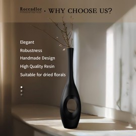 Rocendlor 23.6" Black Floor Vase – Donut-Shaped Oval Body with Slim 3cm Neck, Modern Tall Decorative Vases for Living Room, Entryway, Office Decor – Resin Tall Floor Vase