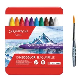 Caran d'Ache Neocolor II Watercolor Wax Crayons Watercolor Pencils 10pcs + 1pc Brush