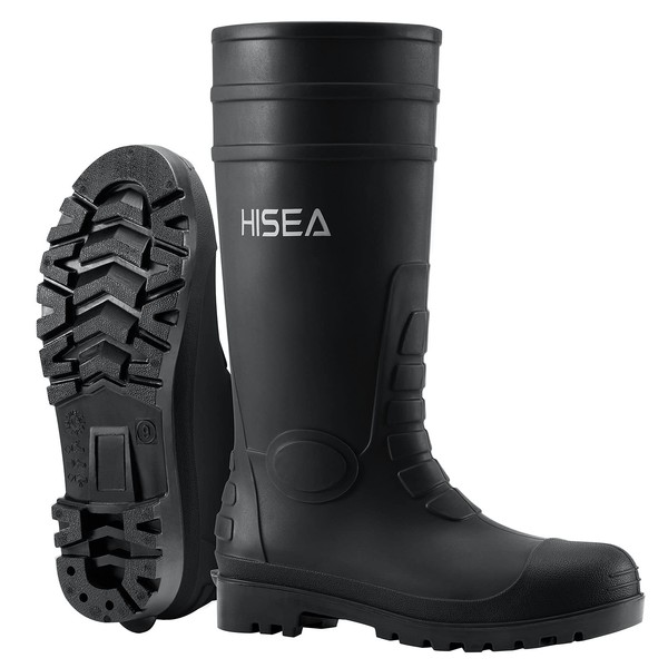 HISEA Men's Steel Toe Work Boots PVC Rain Boots, Rubber Garden Fishing Boots for Men, Waterproof and Slip Resistant Knee Boots for Agriculture and Industrial Working Size 9 Black