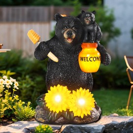 Solar Garden Decor Mother Baby Statues 7.2"Resin Bear Figurines with Welcome Sign Waterproof Black Bear Decor for Outside Yard Patio Porch Decoration Gift for Mom Grandma Sister Wife Female Friends