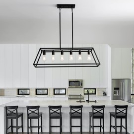 XISLTHOTSL Black Kitchen Island Lighting, 6-Light Farmhouse Chandeliers, Modern Industrial Linear Rectangle Pendant Light Fixtures for Dining Room Kitchen Bar Foyer(Metal, E26 Base)
