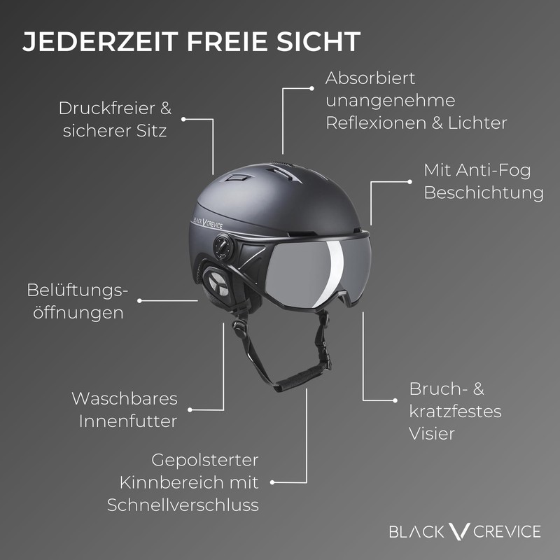 Black Crevice St. Moritz Ski Helmet with Full Visor, Black/Silver,