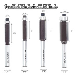 SICWOOD 4pcs Flush Trim Router Bit 1/4 Inch Shank, Top Bearing Template Router Bit, Updated C3 Carbide Tipped Flush Cut Router Bit, for Wood Edge Trimming - Cut Dia 1/4”, 5/16”, 3/8”, 1/2”