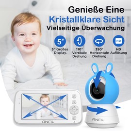 ANFIL Baby Monitor with Camera without WiFi - 5 Inch Display, Night Vision, VOX Mode, Temperature Monitoring, 2-Way Audio, Baby Camera Monitoring, Eco Mode, Swivelling 355°, Tilting 120°