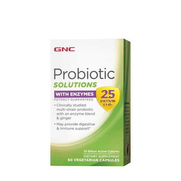 GNC Probiotic Solutions with Enzymes with 25 Billion CFUs | Clinically Studied Multi-Strain, Supports Digestive and Immune Health, Vegetarian | 60 Capsules