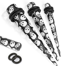 Paula & Fritz® Expander Taper 3 mm Stretcher Skull Black White Acrylic Set Piercing Ear Jewellery Ear Tunnel Women Men Stretching Pin O-Ring Stake, Acrylic