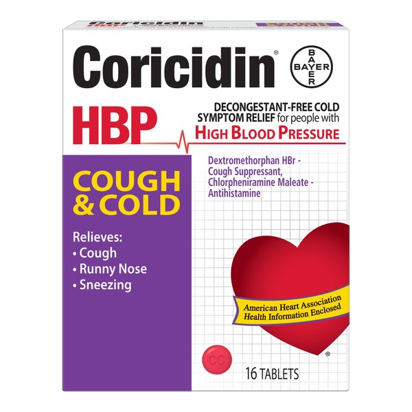 Coricidin HBP Antihistamine Cough & Cold Suppressant Tablets for People with High Blood Pressure, 16-Count Boxes (Pack of 6)