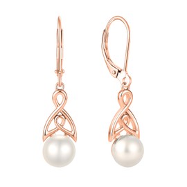 Lwsary Freshwater Pearl Earrings for Women 18K Rose Gold Plated Brass Infinity Celtic Knot Dangle Drop Leverback Earrings with 8MM Pearl Jewelry for Her