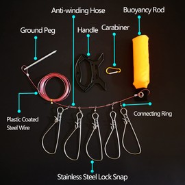 OXDFNZU Fishing Stringer Live Fish Lock, Stainless Steel Fish Stringer Clip, Big Fish 10 Meters Wire Rope Cable with Float and Plastic Handle, Fishing Holder Kit with High Strength 10 Snaps/Buckles