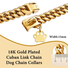 Gold Dog Chain Cuban Collar Metal Chain Collar with Design Secure Buckle 18K Gold Plated Stainless Steel Pet Cuban Links Collars Jewelry for Dogs(22inch)