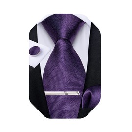 DiBanGu Mens Silk Necktie Solid Color Tie and Pocket Square Cufflink Tie Clip Set Woven Plain Ties for Men Wedding Party, Eggplant Purple