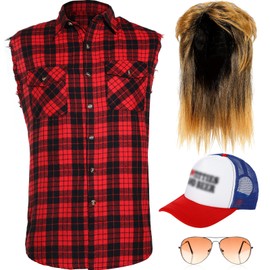 Blonde Mullet Wig for Men 70S 80S Rock Disco Star Style Costume Sleeveless Plaid Shirt Metal Frame Blonde Sunglasses Vintage Style Hat (XXX Large Shirt)