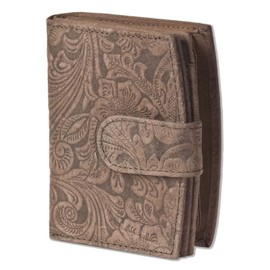 Woodland Compact women's purse, 18 pockets, natural buffalo leather, dark brown, orchid embossing, Dark Brown/Taupe, coin purse