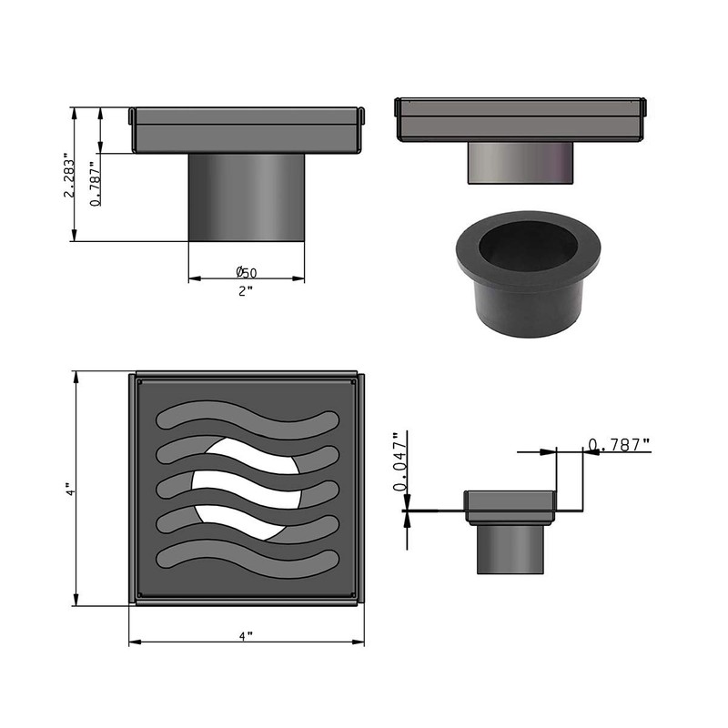 SereneDrains 304 Stainless Steel 4 Inch Square Polished Chrome Shower