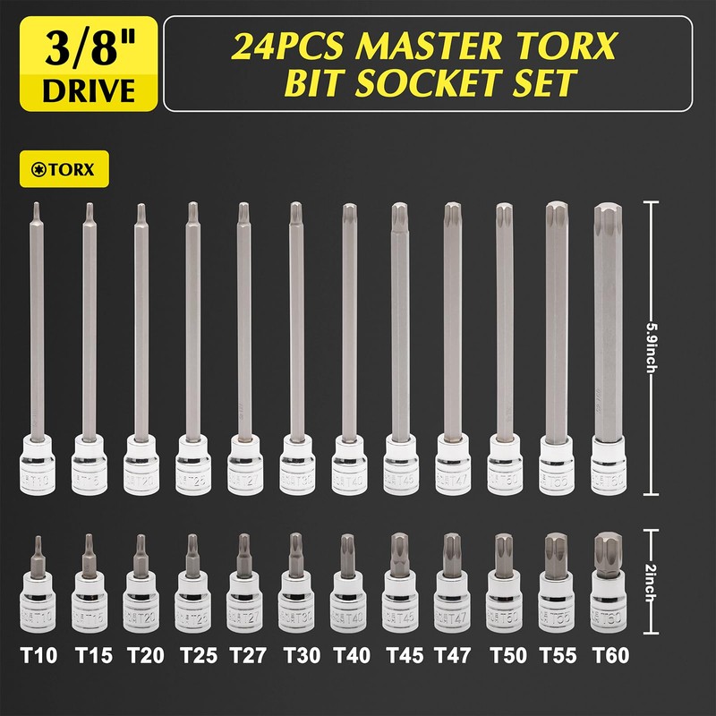 EMENTOL 3/8 Inch Drive Torx Bit Socket Set, Extra Long