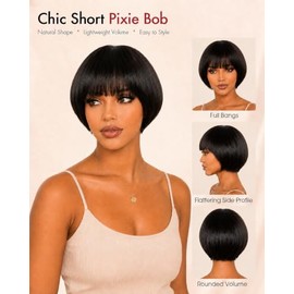 Beluck Short Pixie Cut Human Hair Wig with Bangs, 2x4 Glueless Lace Closure | Natural Black Straight Bob Wig, Pre-Plucked, Lightweight & Breathable, B