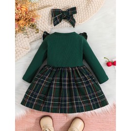 LUJENGEFA Newborn Baby Girl Outfits Set Long Sleeve Romper Dress Plaid Jumpsuit Bodysuit+Headband Cute Xmas Infant Clothes Green 9-12 months