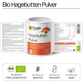 Raab Vitalfood Organic Rose Hip Powder No Additives, Vegan, with Natural Vitamin C for Normal Collagen Formation and Normal Cartilage Function, Rose Hip, Pack of 1 (150 g Tin)