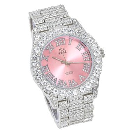 Techno Pave Womens 44mm Iced Solitaire Bezel Watch and Chain & Bracelet Set - Silver with Pink Dial