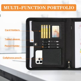 Toplive Padfolio Zipper Portfolio Document Organizer for Business Conference Folders with Paperweight A4 Tablet Case Card Holder Black