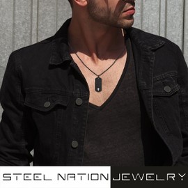 Men's Diamond Accented Black Stainless Steel Cross Dog Tag Pendant on Twisted Cuban Chain Necklace - 24”