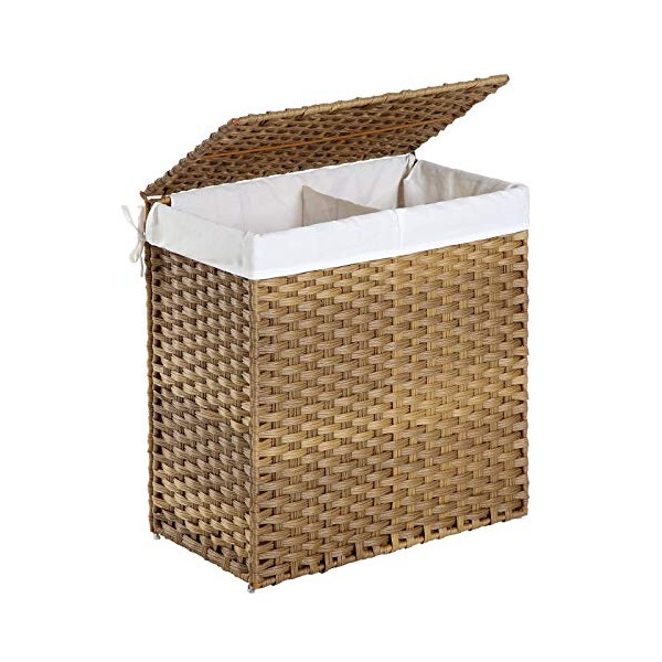 SONGMICS Laundry Hamper, 29 Gal (110L) Divided Laundry Basket with Removable Liner Bag, Synthetic Rattan Handwoven, with Lid and Handles, Foldable, 22.4 x 13 x 23.6 Inches, Natural LCB52NL