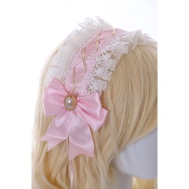 C-09-3 Pink White Maid Lolita Satin Lace Ruffle Headband with Bow Gothic Hair Accessories Headband Hair Accessory