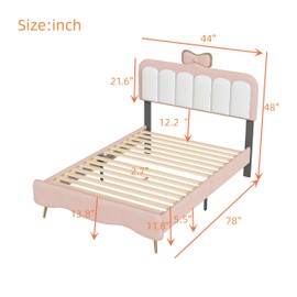Merax Twin Size Velvet Princess Platform Bed with Bow-Knot Headboard, with Headboard and Footboard, White+Pink