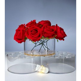 LAGOZ - Set of 3 Round Clear Acrylic Vases - 1 with Glitter - for Table Centerpieces - Includes 12 Plastic Flowers and 200 cm LED Light Cable - Perfect for Natural or Artificial Flowers
