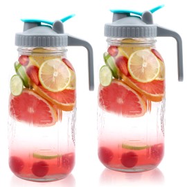 Mason Jar Pitcher 64 OZ Wide Mouth 2 Pack Glass Pitcher With Handle And Pour Spout Lid Airtight And Leakproof Water Pitcher With Flip Cap For Iced Coffee, Milk, Beverage, Lemonade, Iced Tea