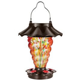 LUJOIN Solar Hummingbird Feeder for Outdoors Hanging, Lighted Hand Blown Glass with 9 Modes RGB Lights, 28 fl.oz, Leak Proof & Rustproof, Metal Cover with 5 Feeding Ports, Spiral Shaped, Red