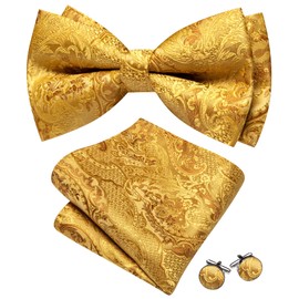 Barry.Wang Gold Bow Tie Set Men Paisley Silk Pre-Tied Bowtie Pocket Square Cufflinks Formal Tuxedo Wedding Party Prom