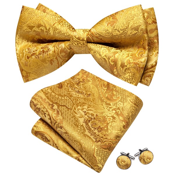 Barry.Wang Gold Bow Tie Set Men Paisley Silk Pre-Tied Bowtie