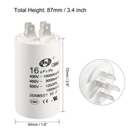 uxcell CBB60 Run Capacitor 16uF 450V AC Double Insert 50/60Hz Cylinder 72x40mm White for Air Compressor Water Pump Motor