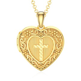 SOULMEET 18K Gold Plated Silver Diamond Cut Cross Heart Locket Necklace That Holds 2 Picture, 18" (Locket only)