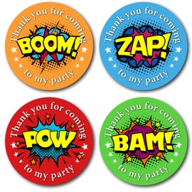 40mm Superhero Thank You for Coming to My Party Stickers. 4 Bright Colours (24 Stickers). Great for Party Bags, Sweet Cones and Birthday Party Bag fillers.