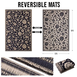 OLANLY Waterproof Outdoor Rug 5x8 ft, Outdoor Plastic Straw Rug with Flower Pattern, Reversible RV Mat for Patio, Camping, Balcony, Deck, Backyard, Black & Beige